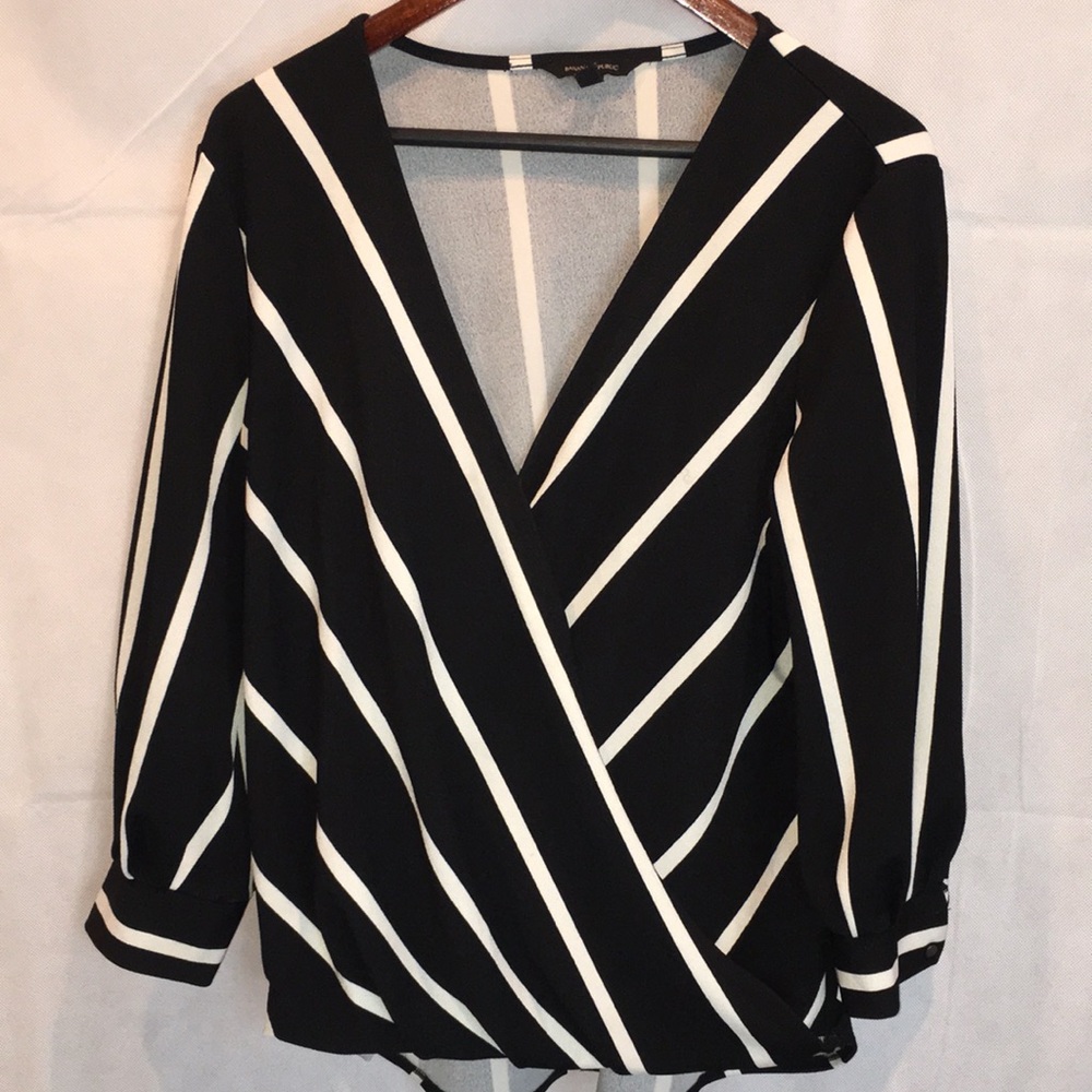 Banana Republic Black and White Striped V-Neck Long Sleeve Wrap Blouse | Size L
